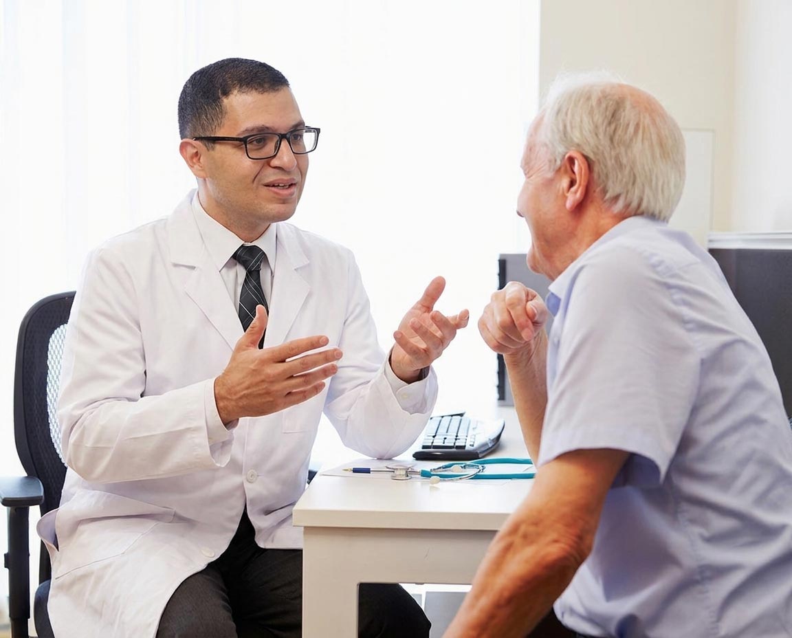 Doctor talking with an older patient during a consultation