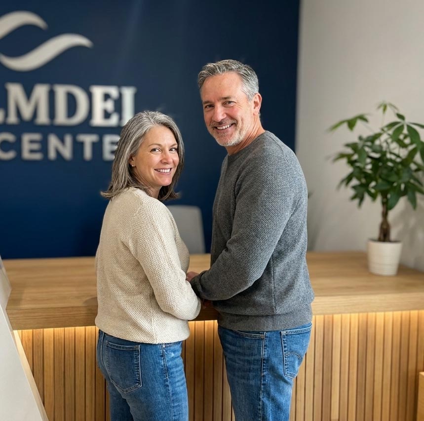 Couple standing at the Holmdel Eye Center front desk